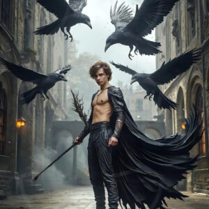 Explore AI-generated House Ravenclaw art — handsome shirtless wizards from the raven house of Hogwarts summoning massive protective ravens. Fantasy wizard school digital art.
