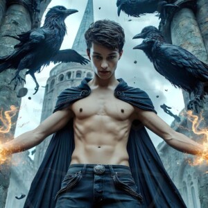 Explore AI-generated House Ravenclaw art — handsome shirtless wizards from the raven house of Hogwarts summoning massive protective ravens. Fantasy wizard school digital art.