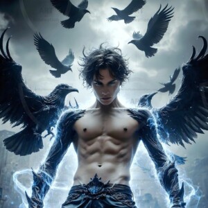 Explore AI-generated House Ravenclaw art — handsome shirtless wizards from the raven house of Hogwarts summoning massive protective ravens. Fantasy wizard school digital art.