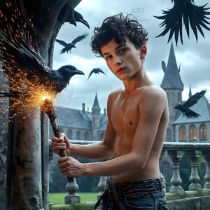 Explore AI-generated House Ravenclaw art — handsome shirtless wizards from the raven house of Hogwarts summoning massive protective ravens. Fantasy wizard school digital art.