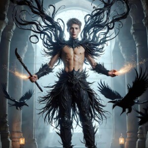 Explore AI-generated House Ravenclaw art — handsome shirtless wizards from the raven house of Hogwarts summoning massive protective ravens. Fantasy wizard school digital art.