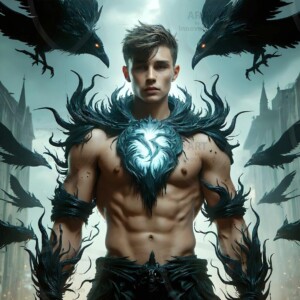 Explore AI-generated House Ravenclaw art — handsome shirtless wizards from the raven house of Hogwarts summoning massive protective ravens. Fantasy wizard school digital art.