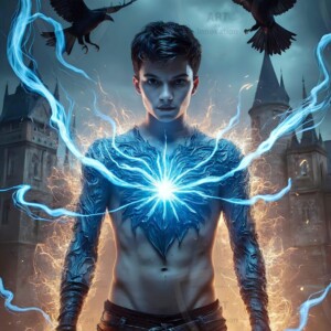 Explore AI-generated House Ravenclaw art — handsome shirtless wizards from the raven house of Hogwarts summoning massive protective ravens. Fantasy wizard school digital art.