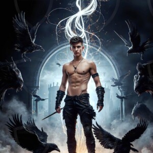 Explore AI-generated House Ravenclaw art — handsome shirtless wizards from the raven house of Hogwarts summoning massive protective ravens. Fantasy wizard school digital art.