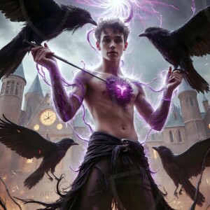 Explore AI-generated House Ravenclaw art — handsome shirtless wizards from the raven house of Hogwarts summoning massive protective ravens. Fantasy wizard school digital art.