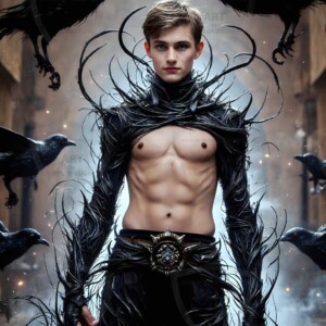 Explore AI-generated House Ravenclaw art — handsome shirtless wizards from the raven house of Hogwarts summoning massive protective ravens. Fantasy wizard school digital art.