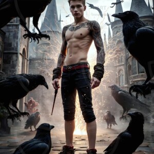 Explore AI-generated House Ravenclaw art — handsome shirtless wizards from the raven house of Hogwarts summoning massive protective ravens. Fantasy wizard school digital art.
