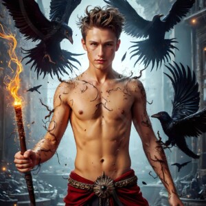 Explore AI-generated House Ravenclaw art — handsome shirtless wizards from the raven house of Hogwarts summoning massive protective ravens. Fantasy wizard school digital art.