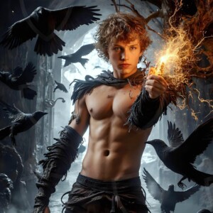 Explore AI-generated House Ravenclaw art — handsome shirtless wizards from the raven house of Hogwarts summoning massive protective ravens. Fantasy wizard school digital art.