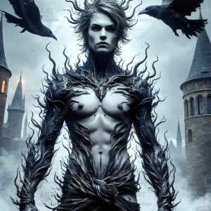 Explore AI-generated House Ravenclaw art — handsome shirtless wizards from the raven house of Hogwarts summoning massive protective ravens. Fantasy wizard school digital art.