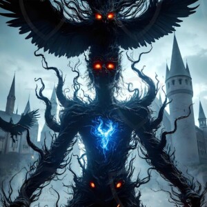 Explore AI-generated House Ravenclaw art — handsome shirtless wizards from the raven house of Hogwarts summoning massive protective ravens. Fantasy wizard school digital art.