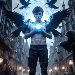 Explore AI-generated House Ravenclaw art — handsome shirtless wizards from the raven house of Hogwarts summoning massive protective ravens. Fantasy wizard school digital art.