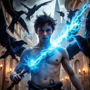 Explore AI-generated House Ravenclaw art — handsome shirtless wizards from the raven house of Hogwarts summoning massive protective ravens. Fantasy wizard school digital art.