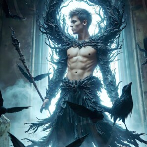 Explore AI-generated House Ravenclaw art — handsome shirtless wizards from the raven house of Hogwarts summoning massive protective ravens. Fantasy wizard school digital art.