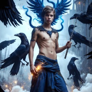 Explore AI-generated House Ravenclaw art — handsome shirtless wizards from the raven house of Hogwarts summoning massive protective ravens. Fantasy wizard school digital art.