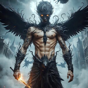 Explore AI-generated House Ravenclaw art — handsome shirtless wizards from the raven house of Hogwarts summoning massive protective ravens. Fantasy wizard school digital art.