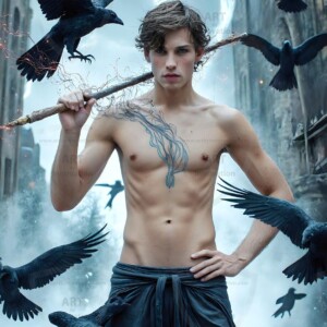 Explore AI-generated House Ravenclaw art — handsome shirtless wizards from the raven house of Hogwarts summoning massive protective ravens. Fantasy wizard school digital art.