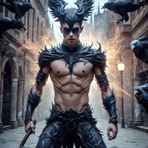 Explore AI-generated House Ravenclaw art — handsome shirtless wizards from the raven house of Hogwarts summoning massive protective ravens. Fantasy wizard school digital art.