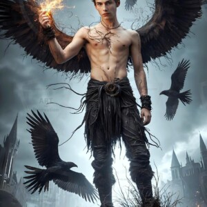 Explore AI-generated House Ravenclaw art — handsome shirtless wizards from the raven house of Hogwarts summoning massive protective ravens. Fantasy wizard school digital art.