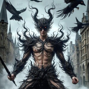 Explore AI-generated House Ravenclaw art — handsome shirtless wizards from the raven house of Hogwarts summoning massive protective ravens. Fantasy wizard school digital art.
