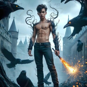 Explore AI-generated House Ravenclaw art — handsome shirtless wizards from the raven house of Hogwarts summoning massive protective ravens. Fantasy wizard school digital art.