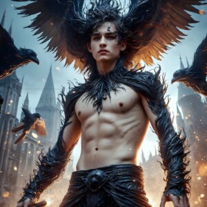 Explore AI-generated House Ravenclaw art — handsome shirtless wizards from the raven house of Hogwarts summoning massive protective ravens. Fantasy wizard school digital art.