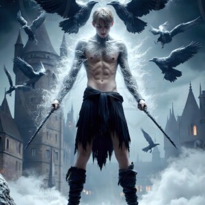 Explore AI-generated House Ravenclaw art — handsome shirtless wizards from the raven house of Hogwarts summoning massive protective ravens. Fantasy wizard school digital art.