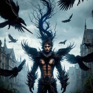 Explore AI-generated House Ravenclaw art — handsome shirtless wizards from the raven house of Hogwarts summoning massive protective ravens. Fantasy wizard school digital art.