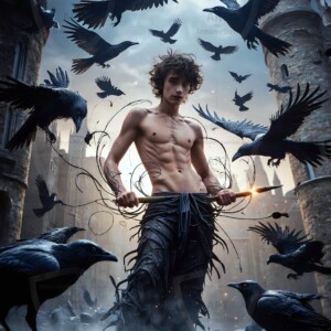 Explore AI-generated House Ravenclaw art — handsome shirtless wizards from the raven house of Hogwarts summoning massive protective ravens. Fantasy wizard school digital art.