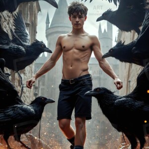 Explore AI-generated House Ravenclaw art — handsome shirtless wizards from the raven house of Hogwarts summoning massive protective ravens. Fantasy wizard school digital art.