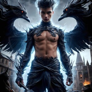 Explore AI-generated House Ravenclaw art — handsome shirtless wizards from the raven house of Hogwarts summoning massive protective ravens. Fantasy wizard school digital art.