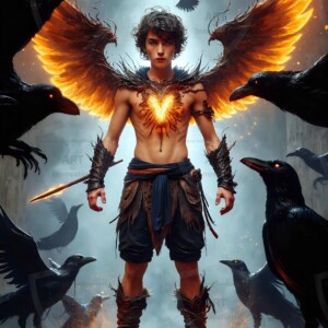 Explore AI-generated House Ravenclaw art — handsome shirtless wizards from the raven house of Hogwarts summoning massive protective ravens. Fantasy wizard school digital art.