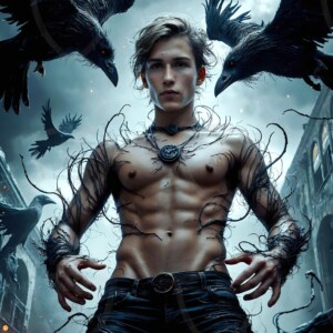Explore AI-generated House Ravenclaw art — handsome shirtless wizards from the raven house of Hogwarts summoning massive protective ravens. Fantasy wizard school digital art.