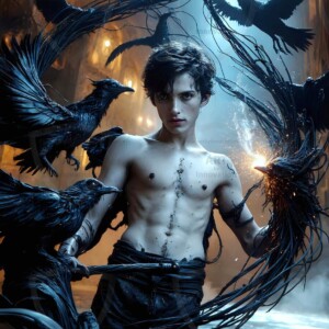 Explore AI-generated House Ravenclaw art — handsome shirtless wizards from the raven house of Hogwarts summoning massive protective ravens. Fantasy wizard school digital art.