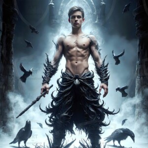 Explore AI-generated House Ravenclaw art — handsome shirtless wizards from the raven house of Hogwarts summoning massive protective ravens. Fantasy wizard school digital art.