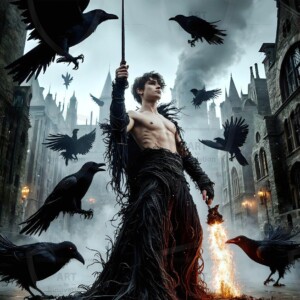 Explore AI-generated House Ravenclaw art — handsome shirtless wizards from the raven house of Hogwarts summoning massive protective ravens. Fantasy wizard school digital art.