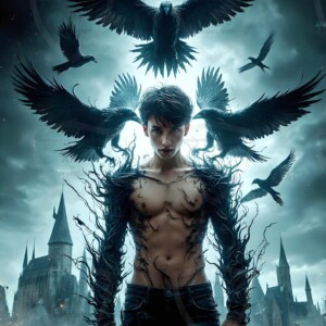 Explore AI-generated House Ravenclaw art — handsome shirtless wizards from the raven house of Hogwarts summoning massive protective ravens. Fantasy wizard school digital art.