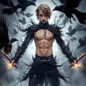 Explore AI-generated House Ravenclaw art — handsome shirtless wizards from the raven house of Hogwarts summoning massive protective ravens. Fantasy wizard school digital art.