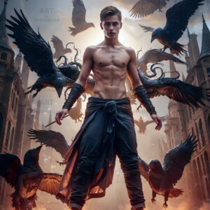 Explore AI-generated House Ravenclaw art — handsome shirtless wizards from the raven house of Hogwarts summoning massive protective ravens. Fantasy wizard school digital art.