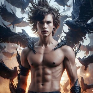Explore AI-generated House Ravenclaw art — handsome shirtless wizards from the raven house of Hogwarts summoning massive protective ravens. Fantasy wizard school digital art.