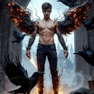 Explore AI-generated House Ravenclaw art — handsome shirtless wizards from the raven house of Hogwarts summoning massive protective ravens. Fantasy wizard school digital art.