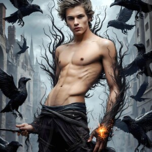 Explore AI-generated House Ravenclaw art — handsome shirtless wizards from the raven house of Hogwarts summoning massive protective ravens. Fantasy wizard school digital art.