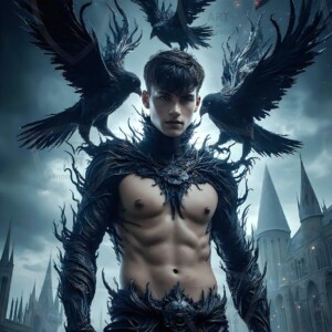 Explore AI-generated House Ravenclaw art — handsome shirtless wizards from the raven house of Hogwarts summoning massive protective ravens. Fantasy wizard school digital art.