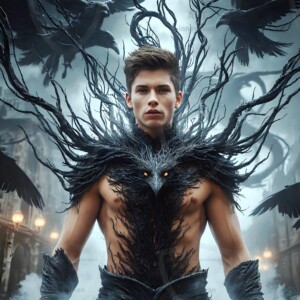 Explore AI-generated House Ravenclaw art — handsome shirtless wizards from the raven house of Hogwarts summoning massive protective ravens. Fantasy wizard school digital art.