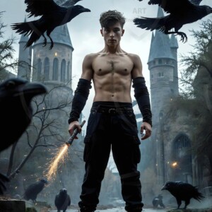 Explore AI-generated House Ravenclaw art — handsome shirtless wizards from the raven house of Hogwarts summoning massive protective ravens. Fantasy wizard school digital art.