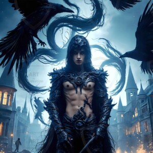 Explore AI-generated House Ravenclaw art — handsome shirtless wizards from the raven house of Hogwarts summoning massive protective ravens. Fantasy wizard school digital art.