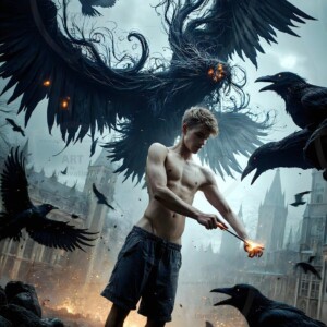 Explore AI-generated House Ravenclaw art — handsome shirtless wizards from the raven house of Hogwarts summoning massive protective ravens. Fantasy wizard school digital art.