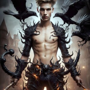 Explore AI-generated House Ravenclaw art — handsome shirtless wizards from the raven house of Hogwarts summoning massive protective ravens. Fantasy wizard school digital art.