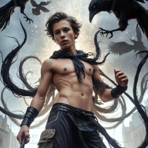 Explore AI-generated House Ravenclaw art — handsome shirtless wizards from the raven house of Hogwarts summoning massive protective ravens. Fantasy wizard school digital art.