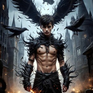Explore AI-generated House Ravenclaw art — handsome shirtless wizards from the raven house of Hogwarts summoning massive protective ravens. Fantasy wizard school digital art.